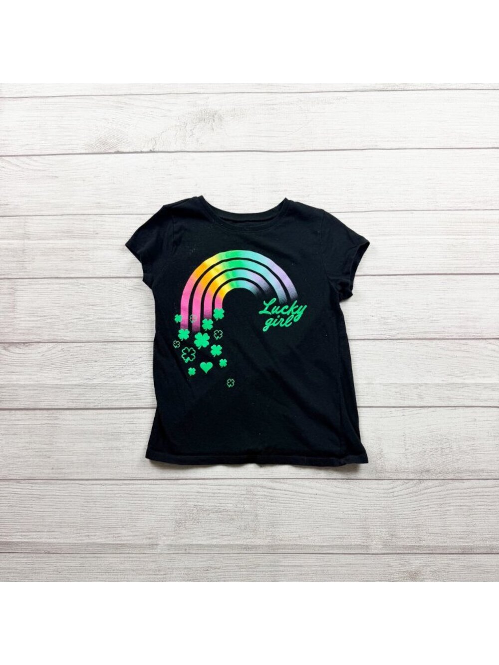 Children’s Place Lucky Girl Black Rainbow Graphic Short Sleeve Tee 7-8